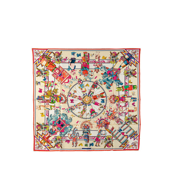 エルメス カレ90 Kachinas インディアンの守り神 ホピ族 スカーフ ピンク マルチカラー シルク レディース HERMES 【中古】