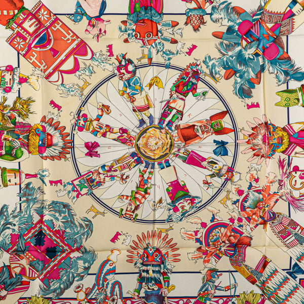 エルメス カレ90 Kachinas インディアンの守り神 ホピ族 スカーフ ピンク マルチカラー シルク レディース HERMES 【中古】