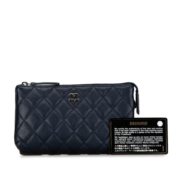 シャネル ココマーク ポーチ 化粧ポーチ ネイビー シルバー レザー レディース CHANEL 【中古】