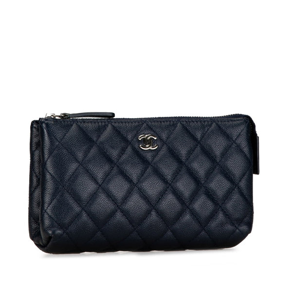 シャネル ココマーク ポーチ 化粧ポーチ ネイビー シルバー レザー レディース CHANEL 【中古】