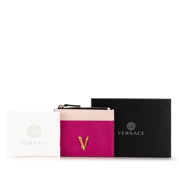 ヴェルサーチェ ヴィルトゥス バイカラー カードケース コインケース パープル ピンク レザー レディース VERSACE 【中古】