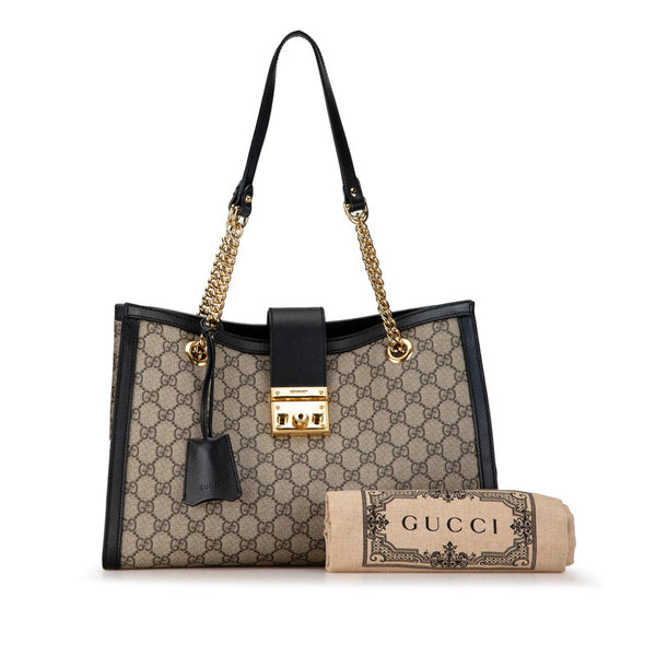 グッチ GGスプリーム パドロック チェーン ショルダーバッグ 479197 ベージュ ブラック PVC レザー レディース GUCCI 【中古】