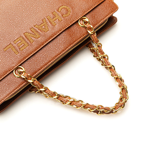 シャネル ロゴ チェーン トートバッグ ブラウン キャビアスキン レディース CHANEL 【中古】