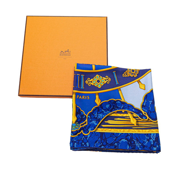 エルメス カレ90 CARPE DIEM 今日一日を楽しむ スカーフ ブルー ゴールド シルク レディース HERMES 【中古】