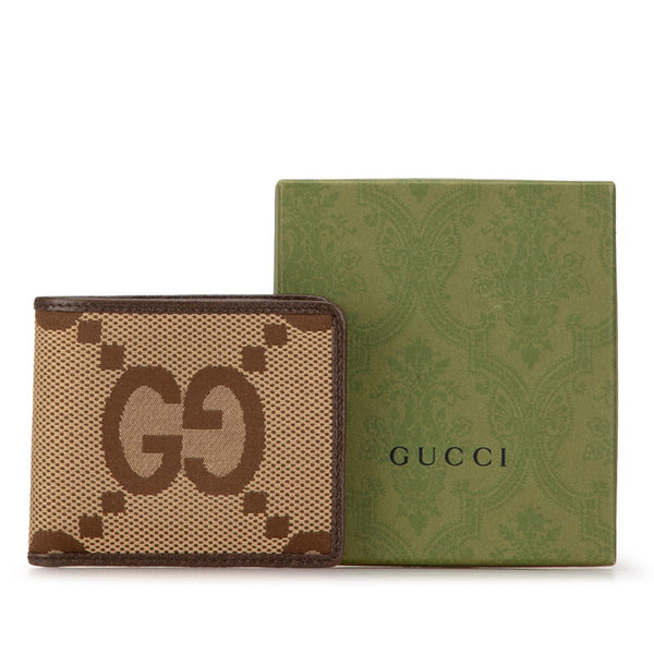 グッチ ジャンボ GGキャンバス 二つ折り財布 699308 ベージュ ブラウン キャンバス レザー レディース GUCCI 【中古】