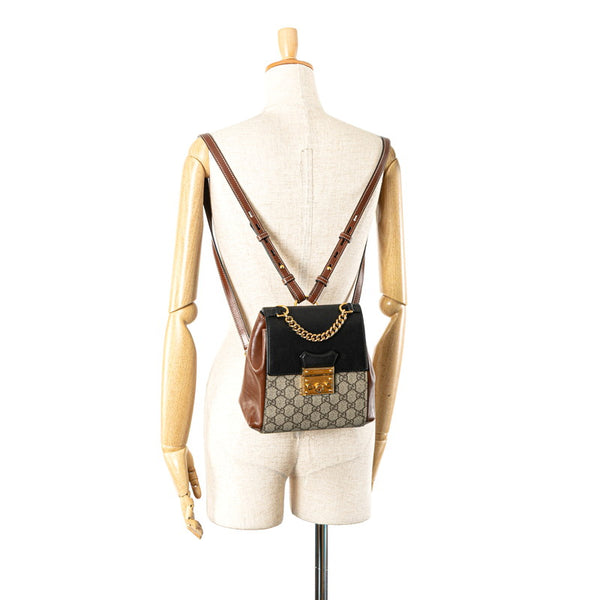 グッチ GGスプリーム パドロック リュック バックパック 498194 ブラウン ブラック ベージュ PVC レザー レディース GUCCI 【中古】