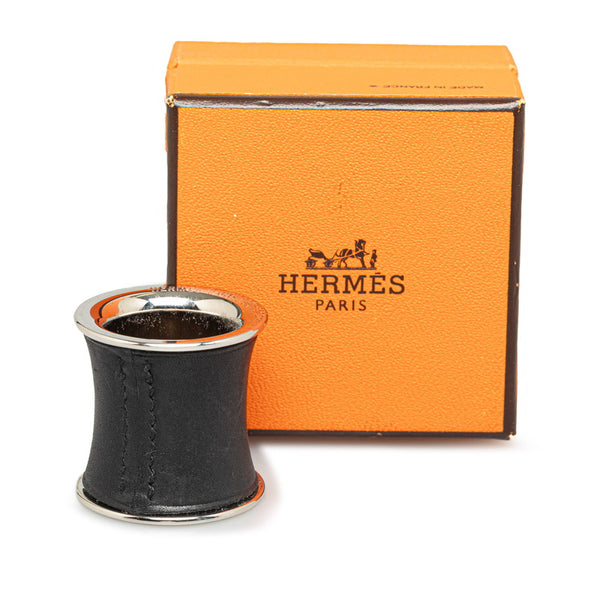 エルメス 筒型 スカーフリング シルバー ブラック メタル レザー レディース HERMES 【中古】