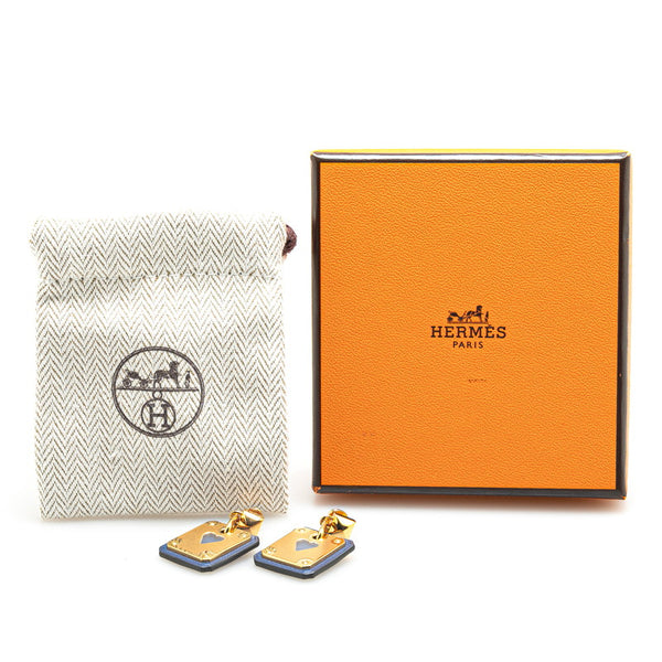 エルメス ハート アスドゥクール ピアス ゴールド ネイビー メッキ レザー レディース HERMES 【中古】