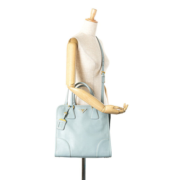 プラダ 三角ロゴプレート サフィアーノ ハンドバッグ ショルダーバッグ 2WAY ライトブルー レザー レディース PRADA 【中古】