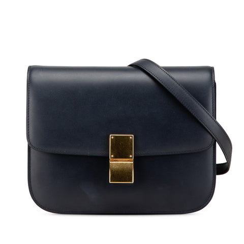 セリーヌ クラシックボックス ミディアム ショルダーバッグ ネイビー カーフ レザー レディース CELINE 【中古】