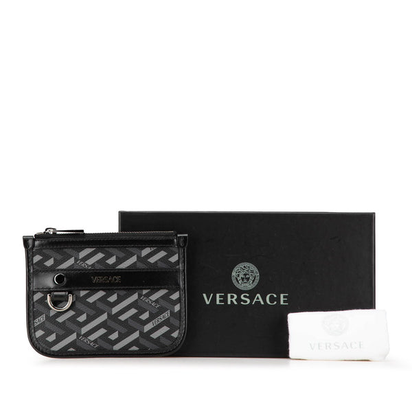 ヴェルサーチェ ラ グレカ ポーチ ブラック カーキグリーン PVC レザー レディース VERSACE 【中古】