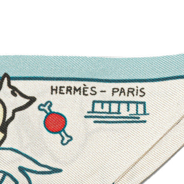 エルメス ツイリー LES CHIENS PARISIENS パリジャンの犬 スカーフ クレーム ブルー グリーン シルク レディース HERMES 【中古】