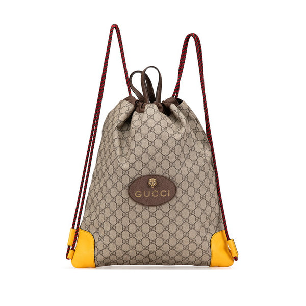 グッチ GGスプリーム タイガーヘッド ドローストリング リュック バックパック 473872 ベージュ ブラウン PVC レザー レディース GUCCI 【中古】
