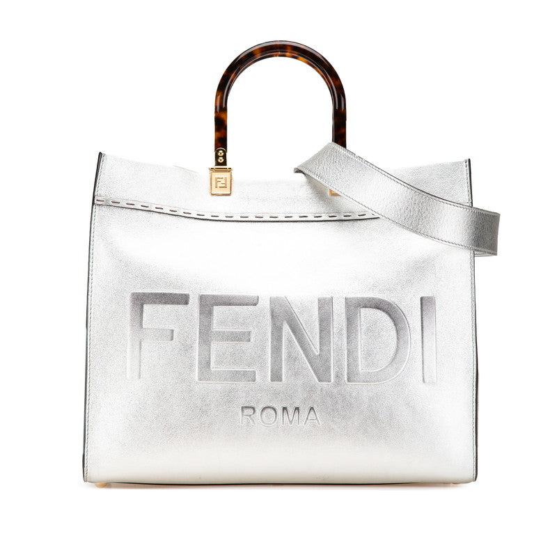 フェンディ サンシャイン ミディアム  トートバッグ ショルダーバッグ 2WAY 8BH386 シルバー カーフレザー レディース FENDI 【中古】