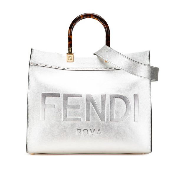フェンディ サンシャイン ミディアム  トートバッグ ショルダーバッグ 2WAY 8BH386 シルバー カーフレザー レディース FENDI 【中古】