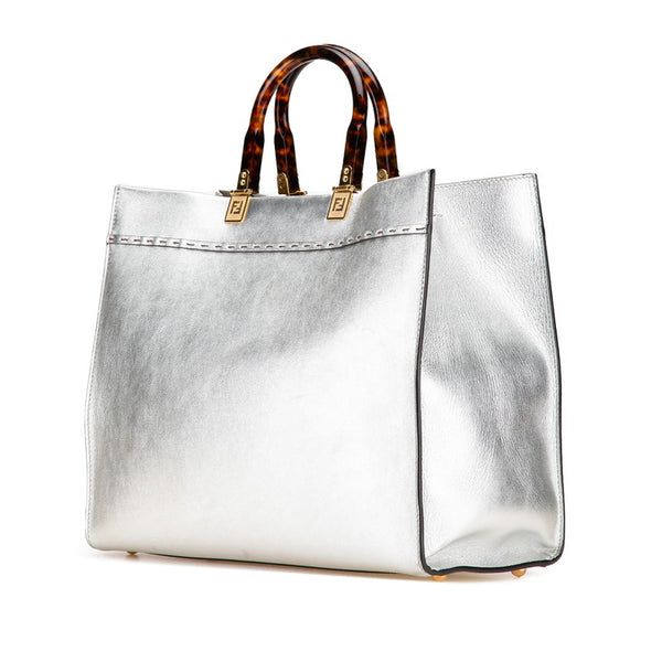 フェンディ サンシャイン ミディアム  トートバッグ ショルダーバッグ 2WAY 8BH386 シルバー カーフレザー レディース FENDI 【中古】