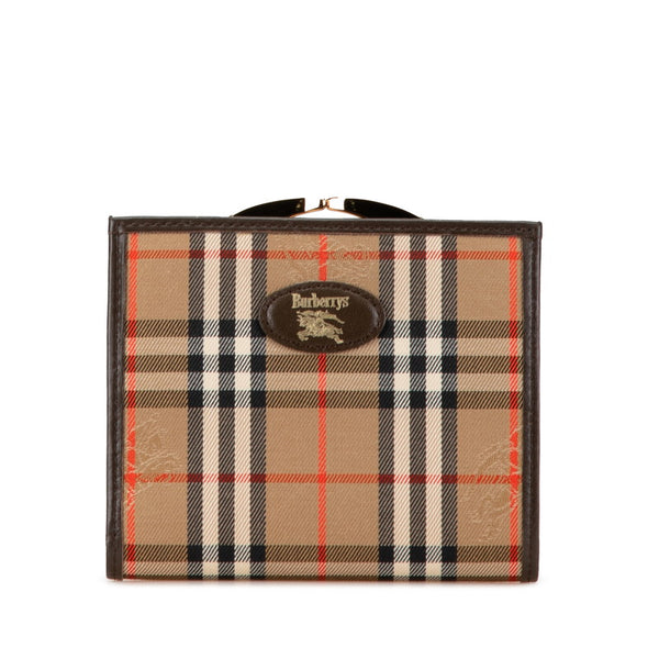 バーバリー ノバチェック シャドーホース がま口 二つ折り財布 ブラウン キャンバス レザー レディース BURBERRY 【中古】