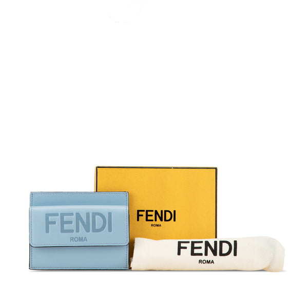 フェンディ ロゴ ROMA カードケース 名刺入れ 8M0423 ライトブルー レザー レディース FENDI 【中古】