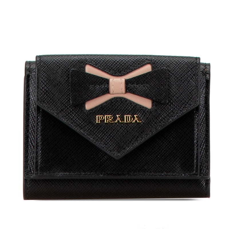 プラダ リボン コンパクトウォレット 三つ折り財布 1MH021 ブラック サフィアーノ レディース PRADA 【中古】