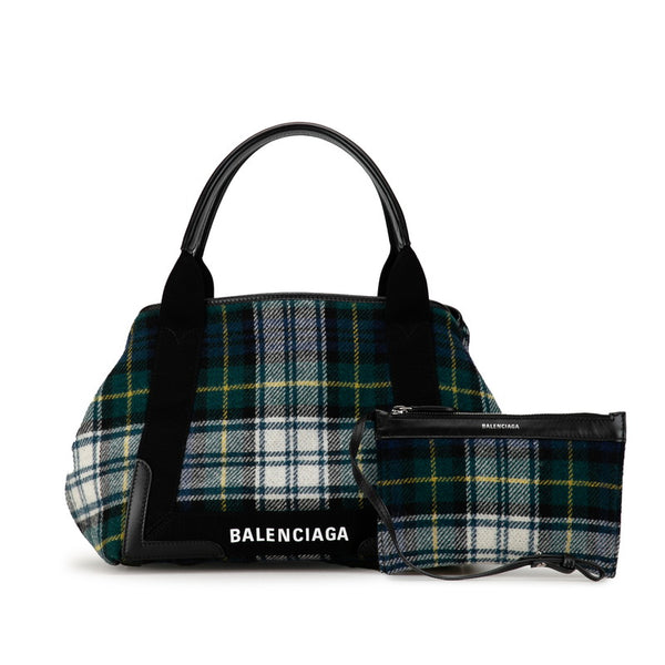 バレンシアガ チェック ネイビーカバス S トートバッグ 339933 グリーン ブラック マルチカラー ウール レザー レディース BALENCIAGA 【中古】