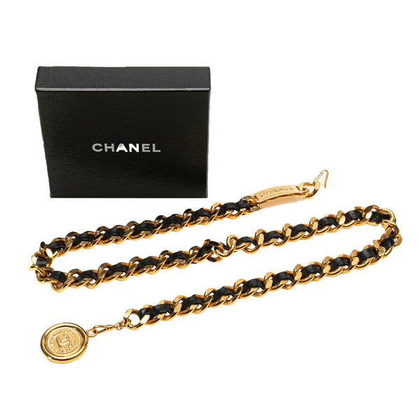 シャネル ココマーク 31 RUE CAMBON PARIS メダル モチーフ チェーン ベルト ゴールド ブラック メッキ レザー レディース CHANEL 【中古】