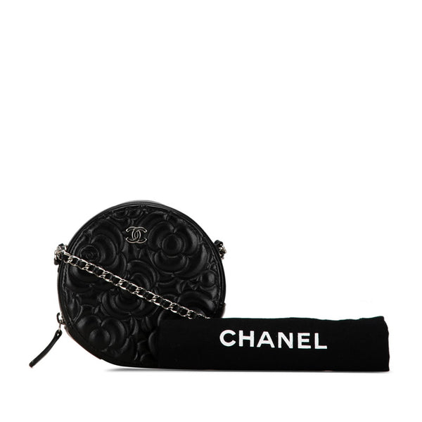 シャネル カメリア ラウンドミニ チェーン ポシェット ショルダーバッグ ブラック レザー レディース CHANEL 【中古】