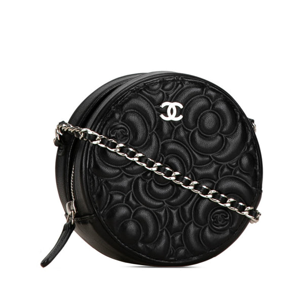 シャネル カメリア ラウンドミニ チェーン ポシェット ショルダーバッグ ブラック レザー レディース CHANEL 【中古】