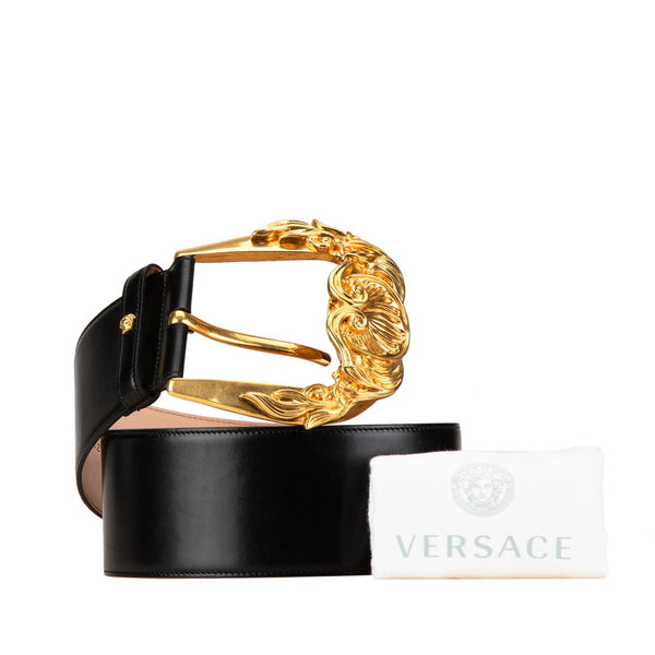 ヴェルサーチェ マキシ ワイドクチュール ベルト 80/32 ブラック ゴールド レザー レディース VERSACE 【中古】