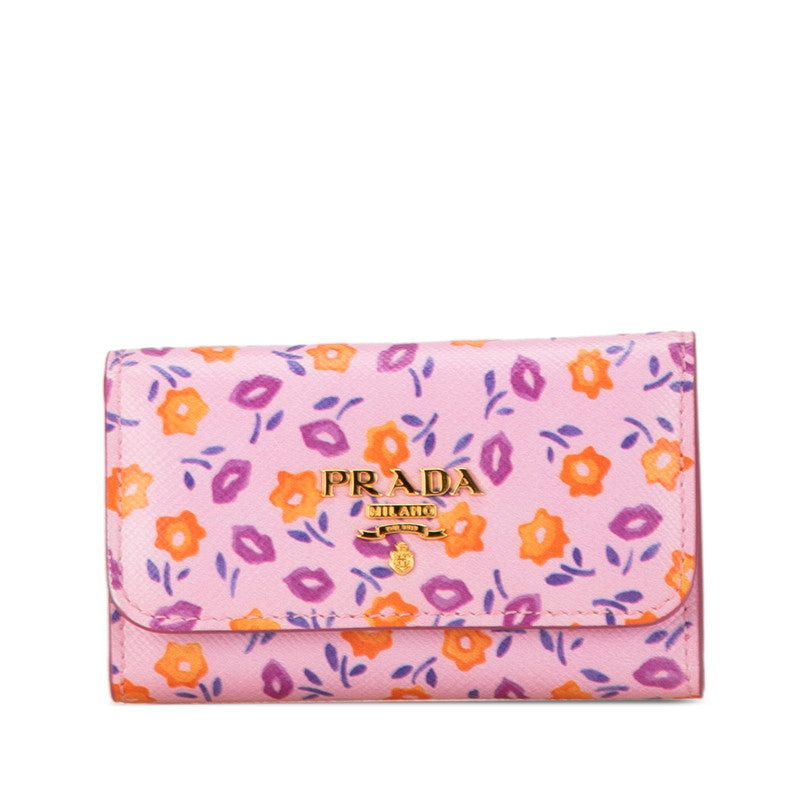 プラダ フラワー 花 モチーフ 6連 キーケース 1PG222 ピンク マルチカラー レザー レディース PRADA 【中古】