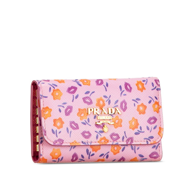 プラダ フラワー 花 モチーフ 6連 キーケース 1PG222 ピンク マルチカラー レザー レディース PRADA 【中古】