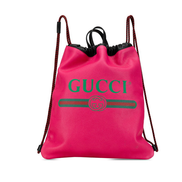 グッチ ロゴプリント ドローストリング リュック ナップサック 494053 ピンク レザー レディース GUCCI 【中古】