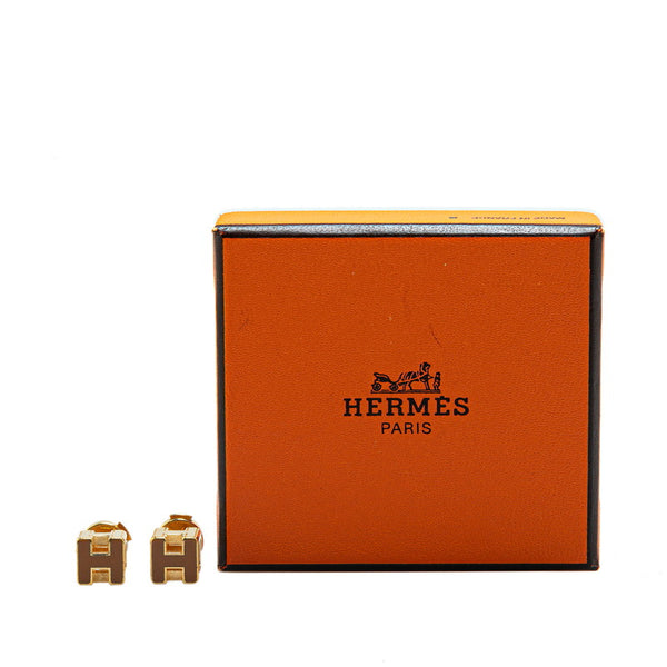 エルメス カージュ ド アッシュ Hキューブ ピアス ゴールド ブラウン メッキ レディース HERMES 【中古】