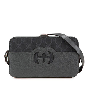 グッチ カットアウト インターロッキングG ショルダーバッグ 725341 グレー ブラック PVC レザー レディース GUCCI 【中古】