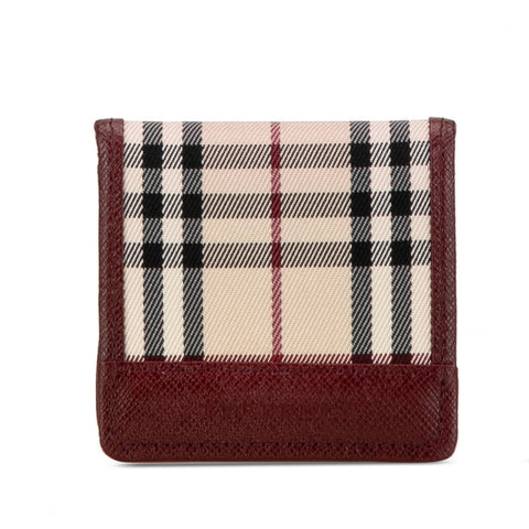 バーバリー チェック 二つ折り財布 ベージュ ワインレッド キャンバス レザー レディース BURBERRY 【中古】