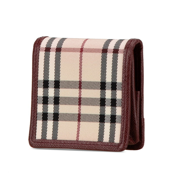 バーバリー チェック 二つ折り財布 ベージュ ワインレッド キャンバス レザー レディース BURBERRY 【中古】