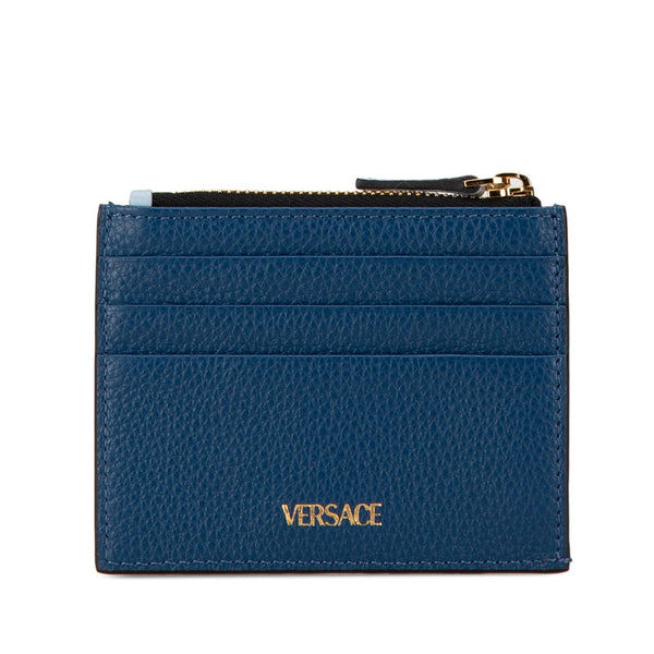 ヴェルサーチェ ヴィルトゥス バイカラー カードケース コインケース ネイビー ライトブルー レザー レディース VERSACE 【中古】