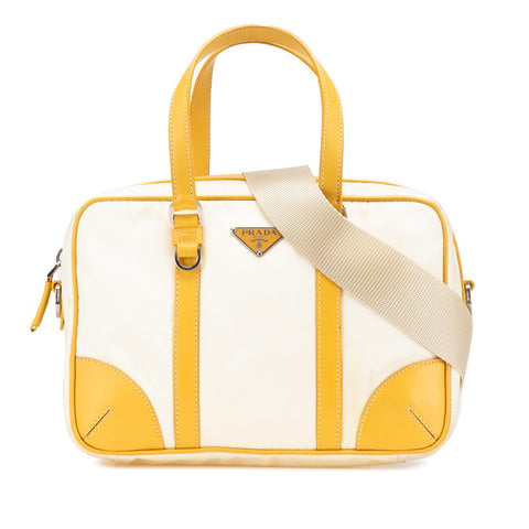 プラダ 三角ロゴプレート ハンドバッグ ショルダーバッグ 2WAY ホワイト イエロー ナイロン レザー レディース PRADA 【中古】