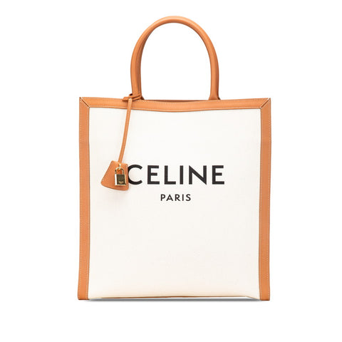 セリーヌ バーティカルカバ ラージ ハンドバッグ トートバッグ ホワイト ブラウン キャンバス レザー レディース CELINE 【中古】