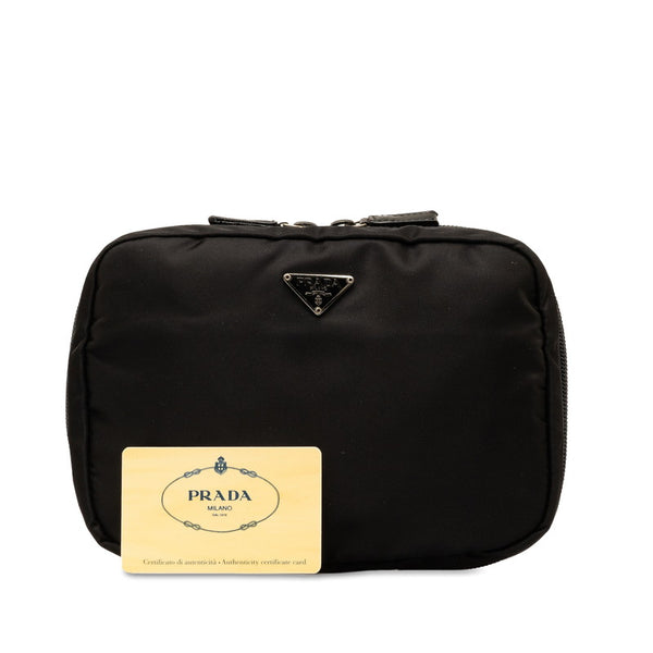 プラダ 三角ロゴプレート ポーチ 1N0726 ブラック ナイロン レザー レディース PRADA 【中古】