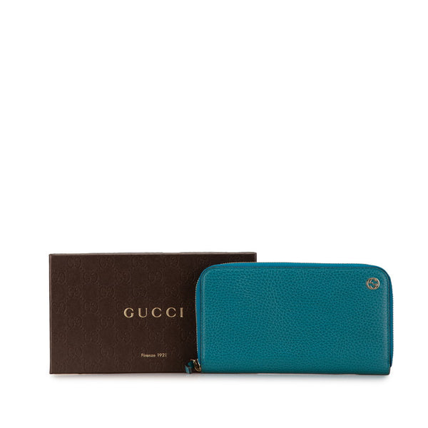 グッチ インターロッキングG ラウンドファスナー 長財布 449347 ブルー グリーン レザー レディース GUCCI 【中古】