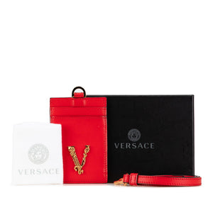 ヴェルサーチェ ヴィルトゥス Vロゴ カードケース レッド レザー レディース VERSACE 【中古】