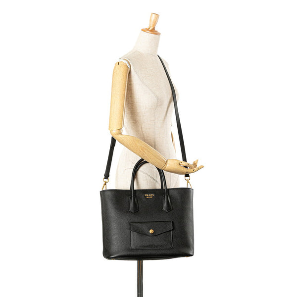 プラダ ロゴ サフィアーノ ショルダーバッグ トートバッグ 2WAY BN2729 ブラック レザー レディース PRADA 【中古】