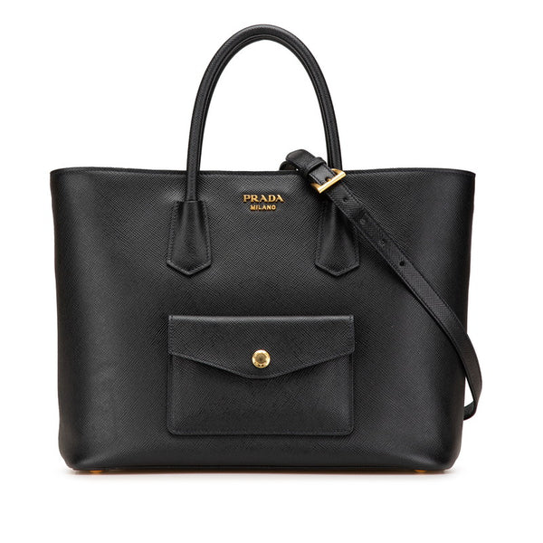 プラダ ロゴ サフィアーノ ショルダーバッグ トートバッグ 2WAY BN2729 ブラック レザー レディース PRADA 【中古】