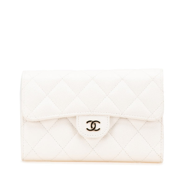 シャネル マトラッセ ココマーク 二つ折り財布 ホワイト キャビアスキン レディース CHANEL 【中古】