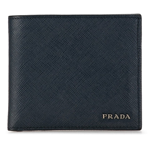 プラダ ロゴ 二つ折り財布 コンパクトウォレット ネイビー レザー レディース PRADA 【中古】