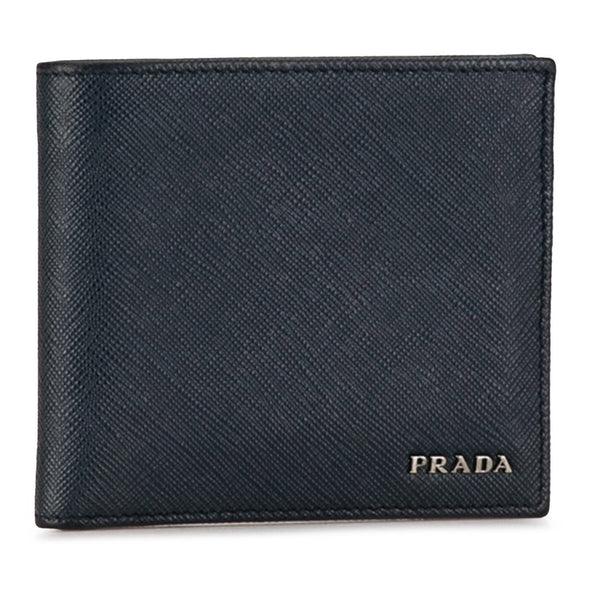 プラダ ロゴ 二つ折り財布 コンパクトウォレット ネイビー レザー レディース PRADA 【中古】