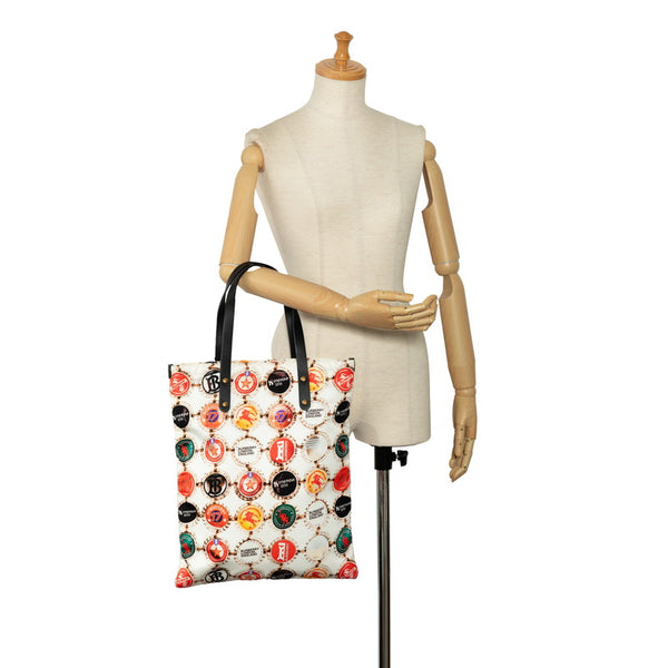バーバリー ボトルキャップ 瓶蓋 ロゴ ハンドバッグ トートバッグ ホワイト マルチカラー ナイロン レザー レディース BURBERRY 【中古】