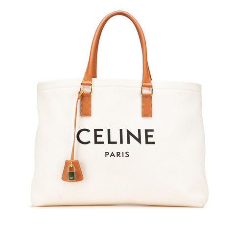 セリーヌ ホリゾンタル カバ トートバッグ ハンドバッグ ホワイト ブラウン キャンバス レザー レディース CELINE 【中古】
