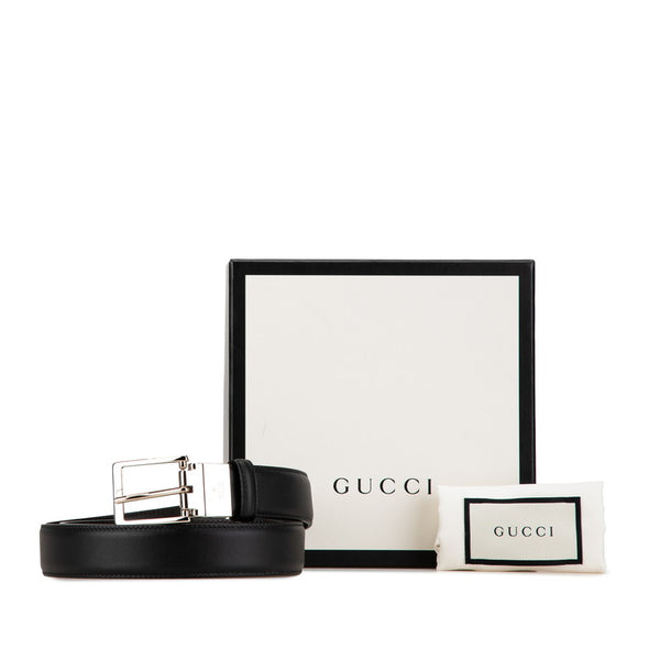 グッチ スクエアバックル リバーシブル ベルト サイズ： 95.38 387041 ブラック シルバー レザー メンズ GUCCI 【中古】