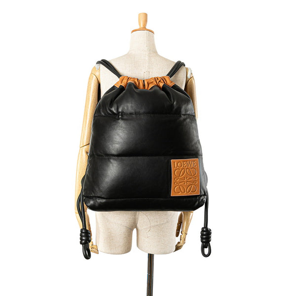 ロエベ ヤゴ パフィー リュック バックパック ブラック ブラウン ナイロン ナパレザー レディース LOEWE 【中古】